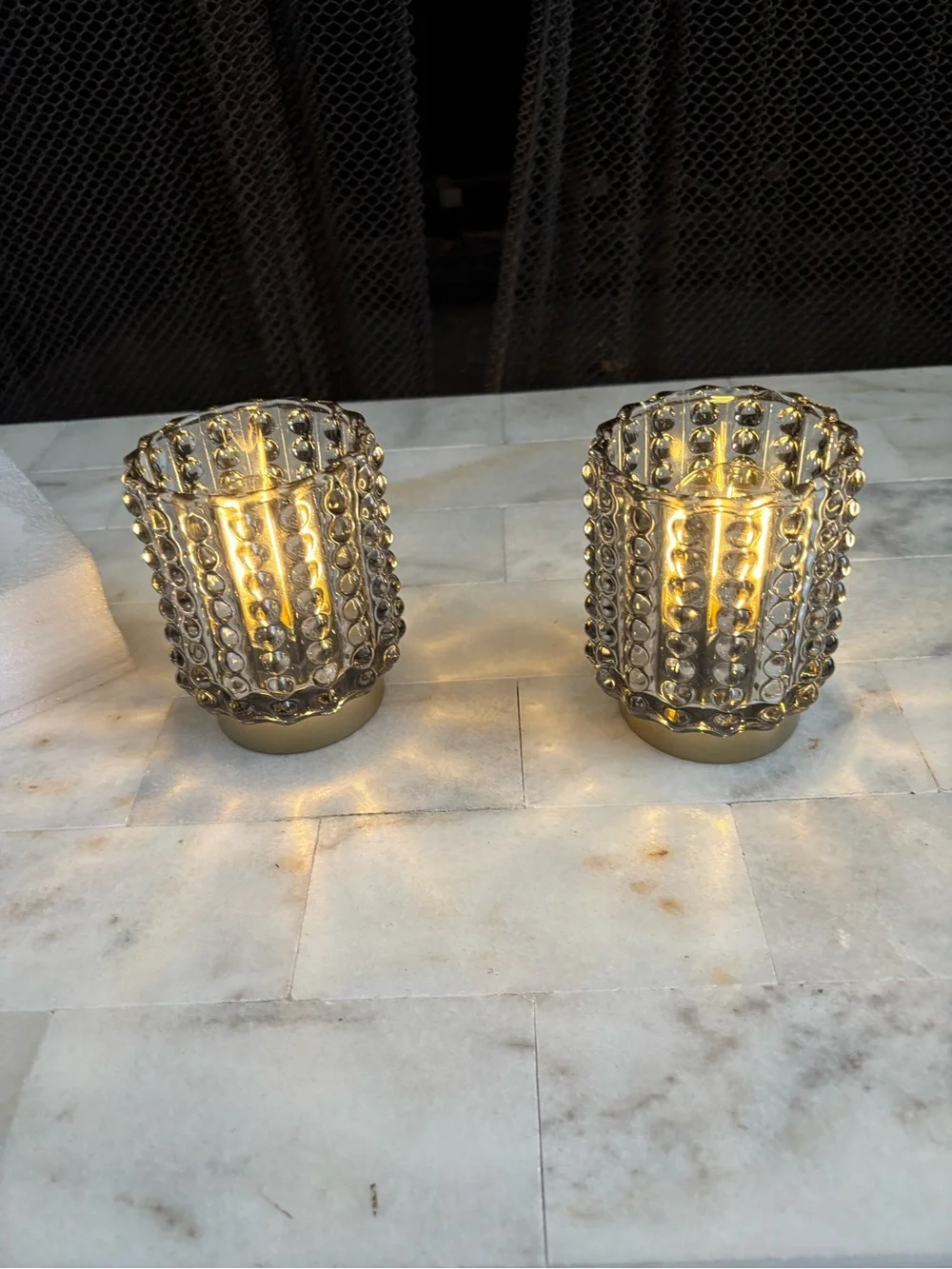 Crystal Beaded Glass Votive Candle Holders - with gold accent bottom.